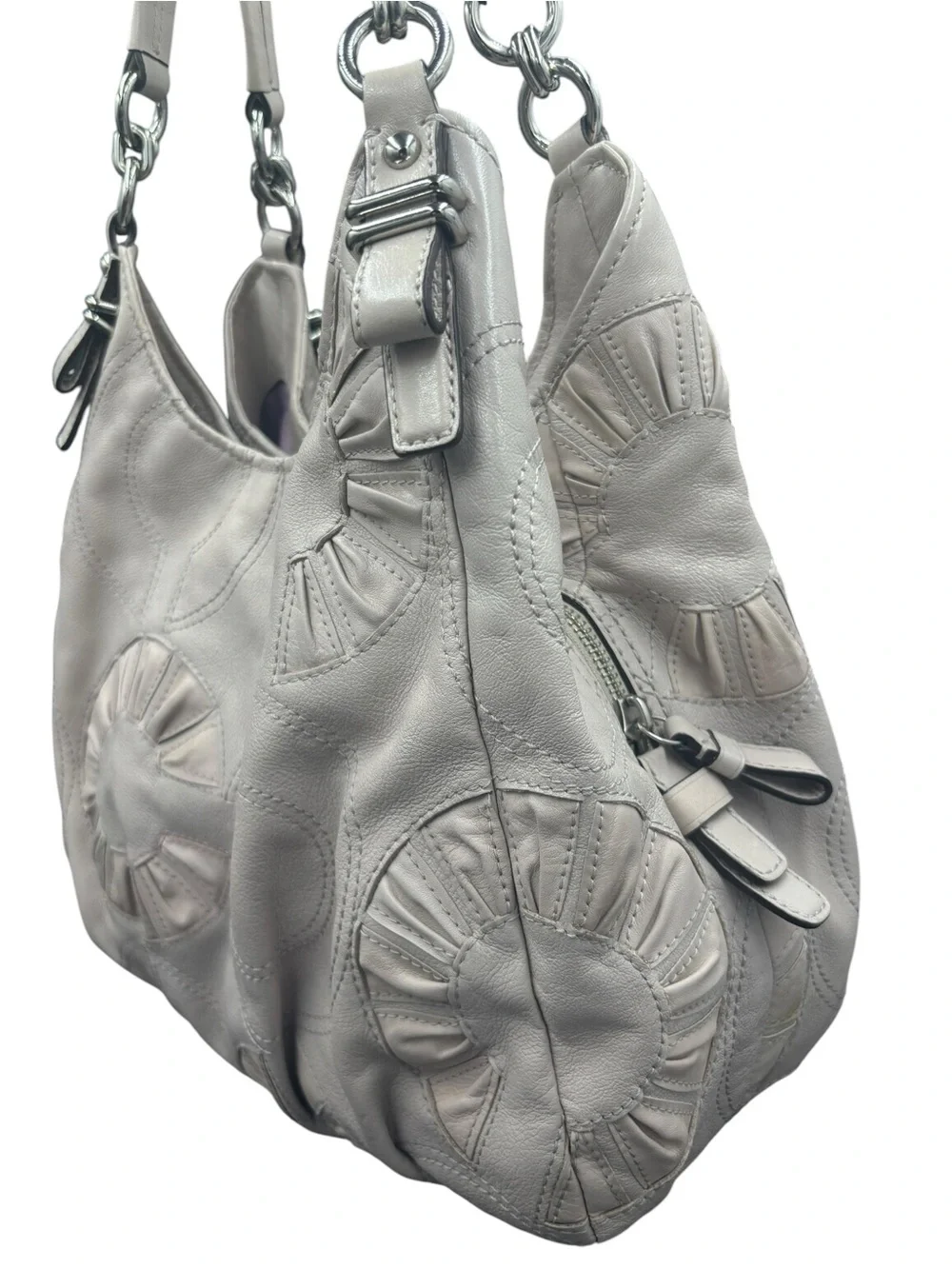 Coach Kristin Leather Pleated Floral Appliqué Hobo Shoulder Bag Ivory Taupe 2010